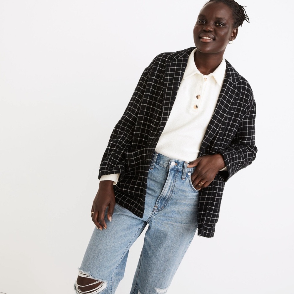 Madewell Small Cotton Waffleback Shaw Blazer in Windowpane Black White